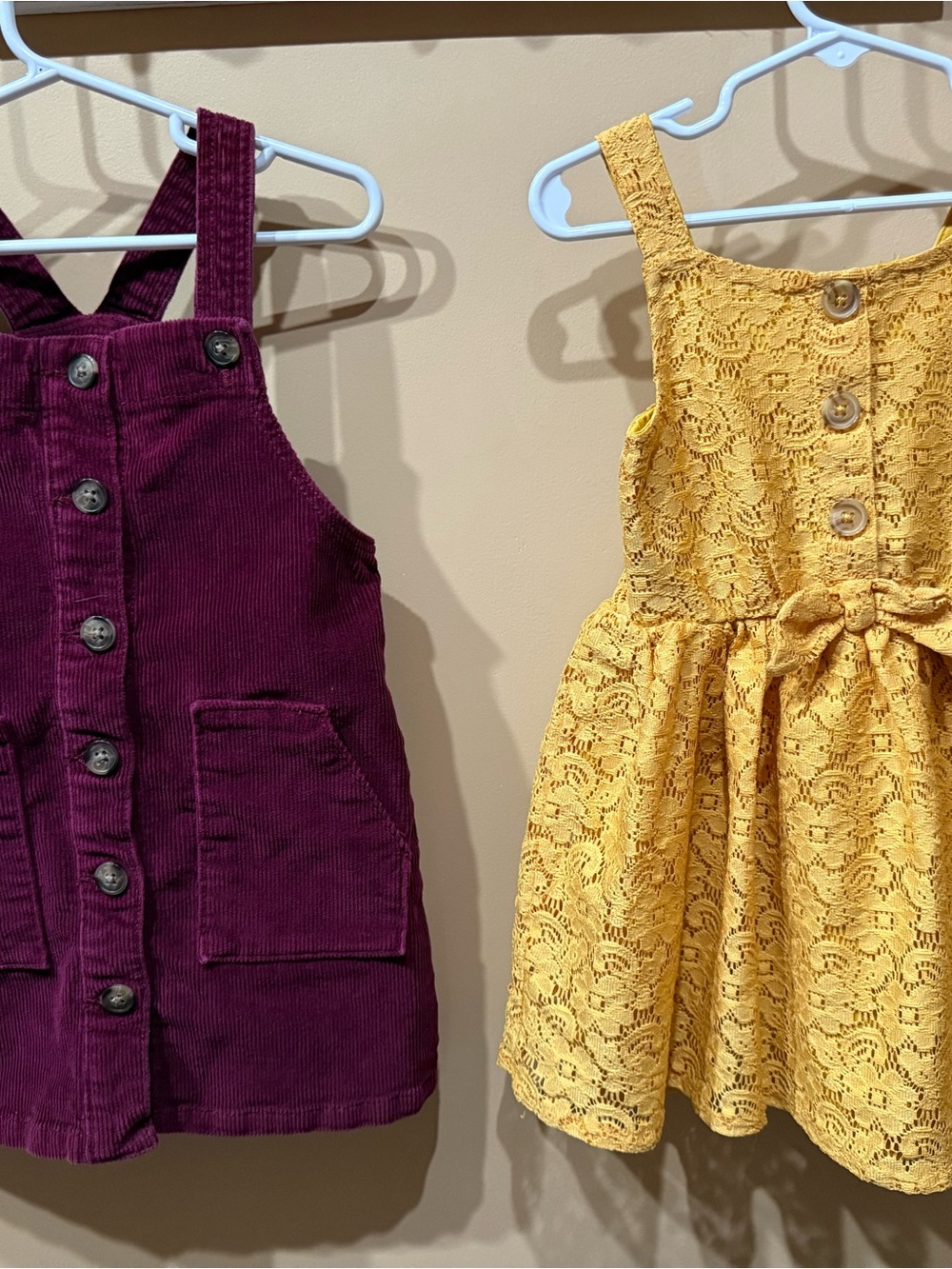3T Girls Corduroy Button-Front Pinafore Dress & Yellow Lace Sundress Duo